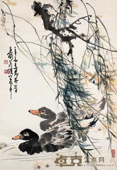 张世简 辛酉(1981年)作 柳塘双鸭 立轴 78×54.5cm